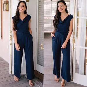 Gal Meets Glam Delia Jumpsuit Womens 4 Navy Blue Wide Leg Draped Neckline
